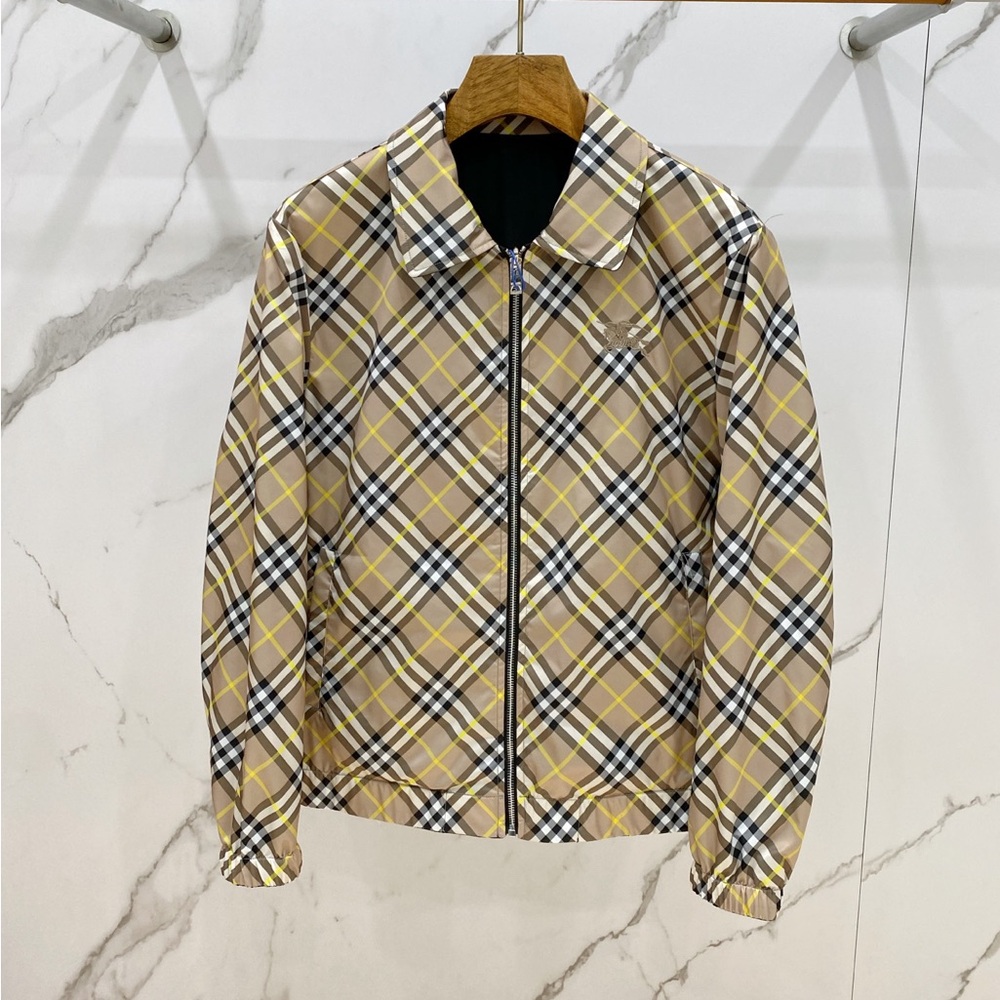 Burberry Tan Plaid Lightweight Zip Jacket with Yellow Stripes